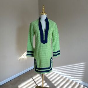 Sail to Sable 100% Linen Green with Navy Trim Tunic Size 0 Preppy & Classic